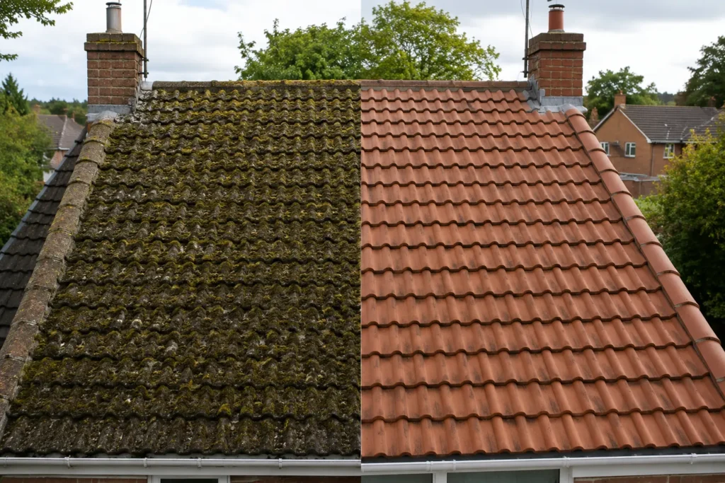 Before and after comparison of a residential tiled roof in Bournemouth showing professional moss removal and roof cleaning results.