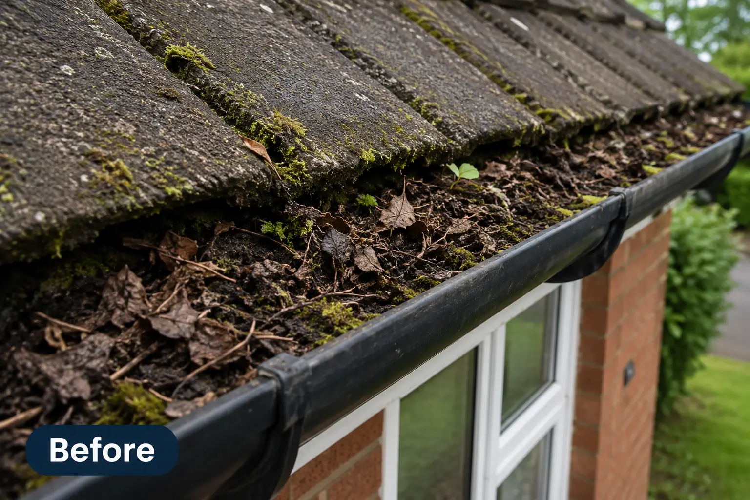 Before Gutter Cleaning Bournemouth Blocked gutter filled with leaves, moss and debris before professional gutter cleaning in Bournemouth