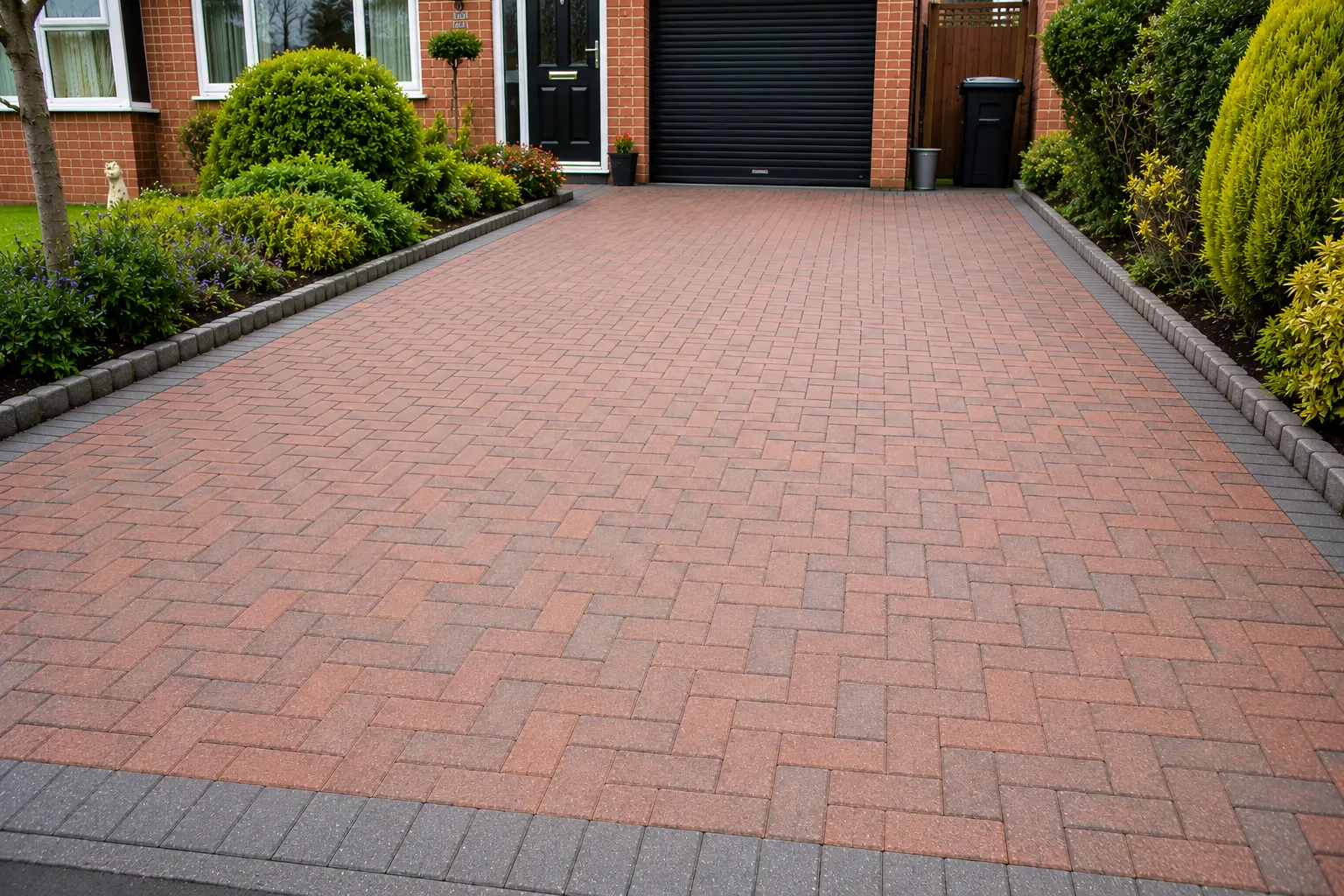 Clean red block paving driveway with grey borders outside a residential home in Bournemouth after pressure washing.