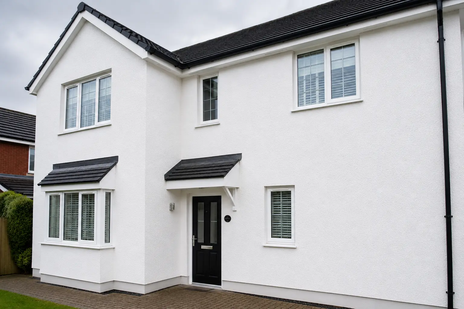 Clean white render on a residential house exterior after professional soft washing and algae removal in Bournemouth.