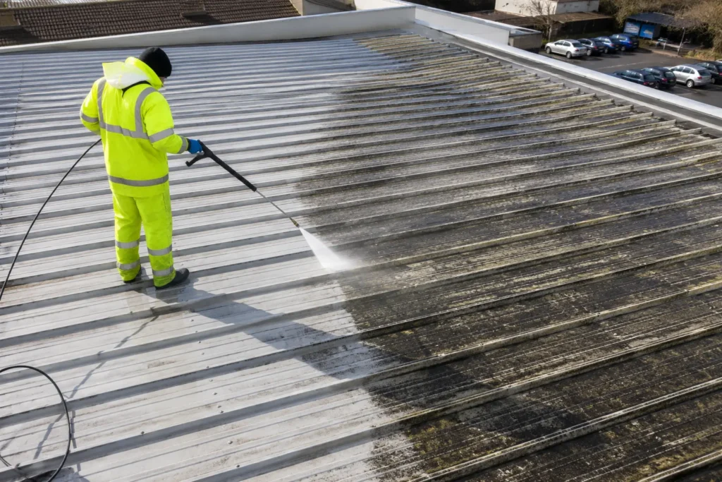 Professional metal roof cleaning service removing dirt and algae in Bournemouth.