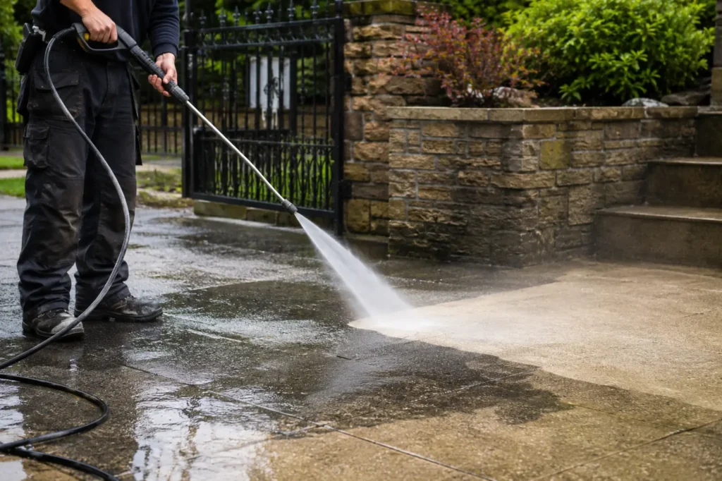 Professional pressure washing service cleaning a patio and driveway in Bournemouth.