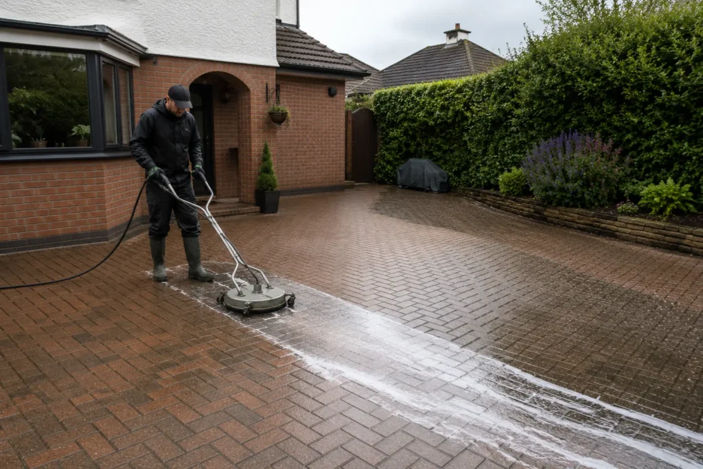 Professional driveway pressure washing cleaning block paving at a home in Bournemouth.