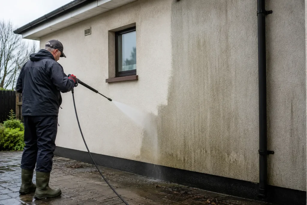 Professional render cleaning removing algae and stains from exterior walls in Bournemouth.