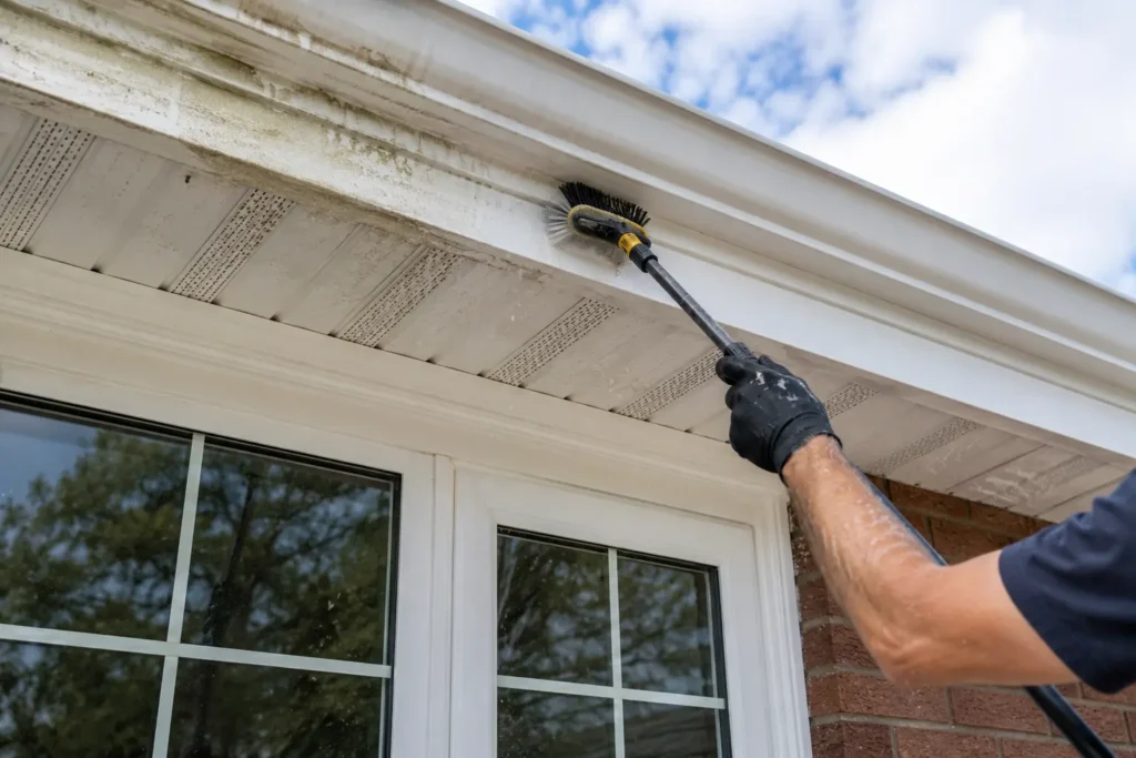 Professional soffit and fascia cleaning service restoring white UPVC roofline in Bournemouth.