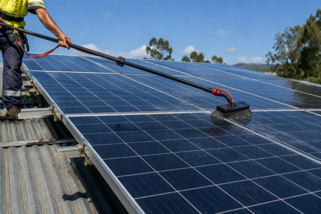 Professional solar panel cleaning service using soft brush system in Bournemouth.