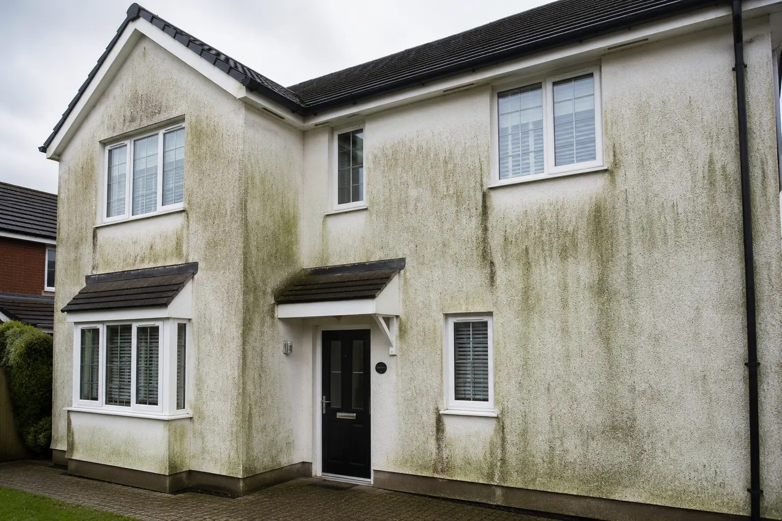 Render Cleaning Service Roof Cleaning Bournemouth Dirty render on a residential house exterior heavily stained with green algae and moss in Bournemouth.