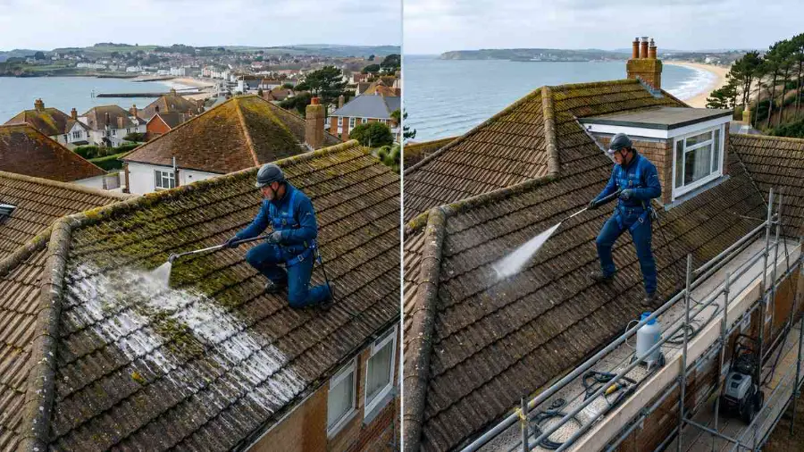 Side-by-side comparison of low-pressure soft washing with biocide treatment versus high-pressure jet washing on mossy roof tiles in Bournemouth.